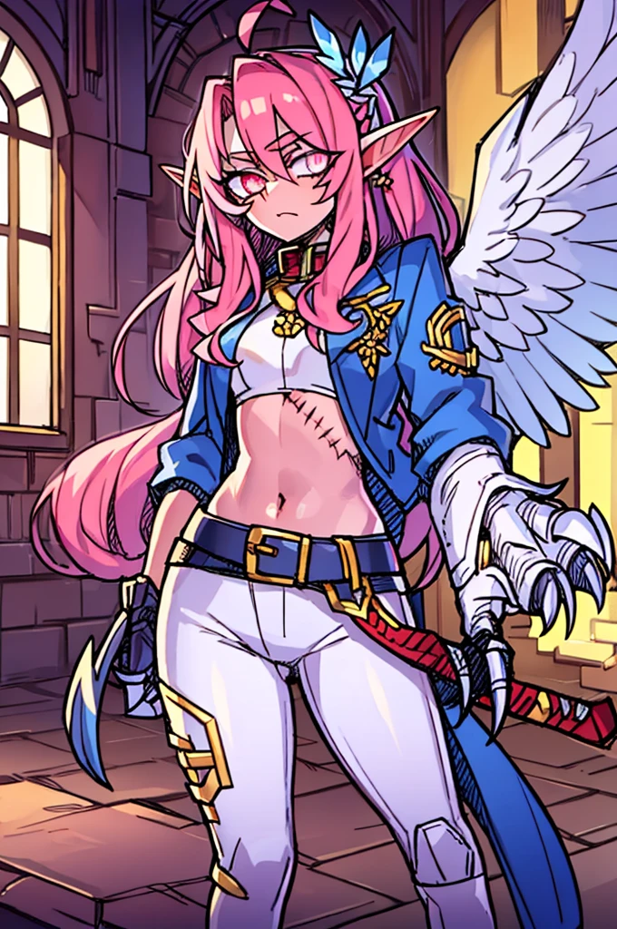   girl, NUDE , cloak, lowleg Torn micro shorts ,groin,((flat chest)),Slender,long hair,(((((loli))))),striped, (((multicolored hair, two-tone hair, split-color hair,)))battlefield
, gun, knife, hair over left eye,high-leg pants with bite marks