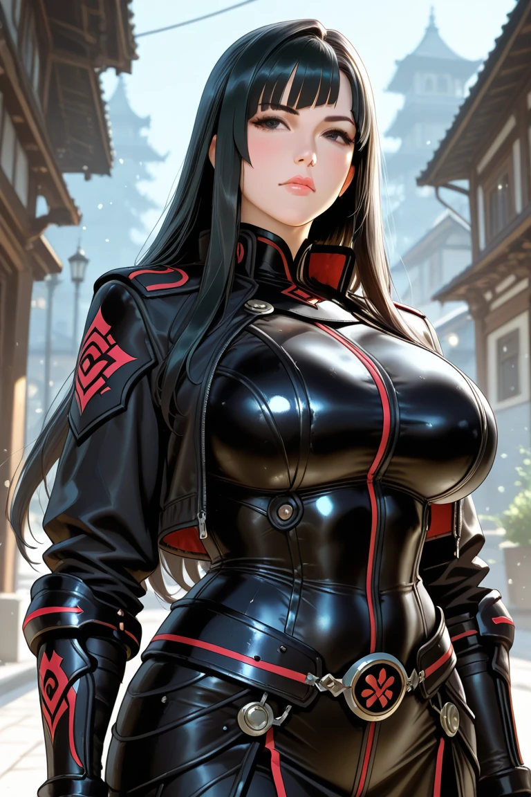 professional artwork, Intricate Details, field of view, sharp focus, detailed painting, photorealistic lighting, trending on pixiv, Standing at attention, black outfit ,yellow collared shirt,black and red bodysuit,skin_tight,black legwear, black pantyhose, Side_boob, black hair,very long hair, Bangs,yellow eyes,makeup, lipstick, 35yo,mature female,Beautiful Finger,Beautiful long legs,Beautiful body,Beautiful Nose,Beautiful character design, perfect eyes, perfect face, looking at viewer,official art,extremely detailed CG unreal engine 8k wallpaper, perfect lighting,Colorful, Bright_Front_face_Lighting, (masterpiece:1.0),(best_quality:1.0), ultra high res,4K,ultra-detailed, photography, 8K, HDR, highres, absurdres:1.2, Kodak portra 400, film grain, blurry background, (Beautiful,large_Breasts:1.4), (beautiful_face:1.5),(narrow_waist), (solo:1.4), ((landscape dimension)), rich detailed makeup, rich detailed eyeshadow, rich detailed lips, rich detailed lipstick, beautiful detail eyes