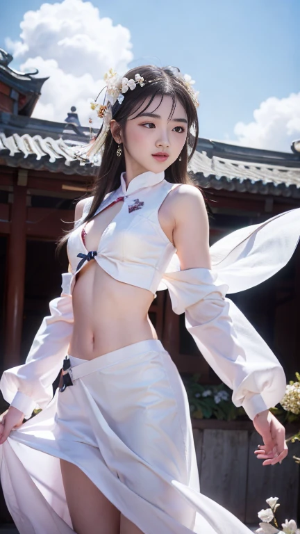 Blue sky and white clouds,Mountains in the distance、tower and many people,Pink flowers,Cherry tree,Hanfu woman,Phoenix crown tiara、Fine embroidery、穿Hanfu裤袜、Hanfu、穿长袖Hanfu、The legs are transparent and clearly visible、Look and、Exposed oversized breasts、Raw,(8K、Top quality、masterpiece:1.8)、(Intricate details:1.8)、(Reality:1.8)、Octane Rendering、Complex 3D rendering with ultra-details, Studio soft light, Side light, Vivid details, Super Detail, Realistic skin texture, Details, beautiful eyes, Highly detailed CG Unity 16k wallpaper, cosmetic, (Detailed background:2.0), Clear your fingers,Beautiful fingers,Radiant skin、Spread your legs,Camel toe showing thigh!!!、
