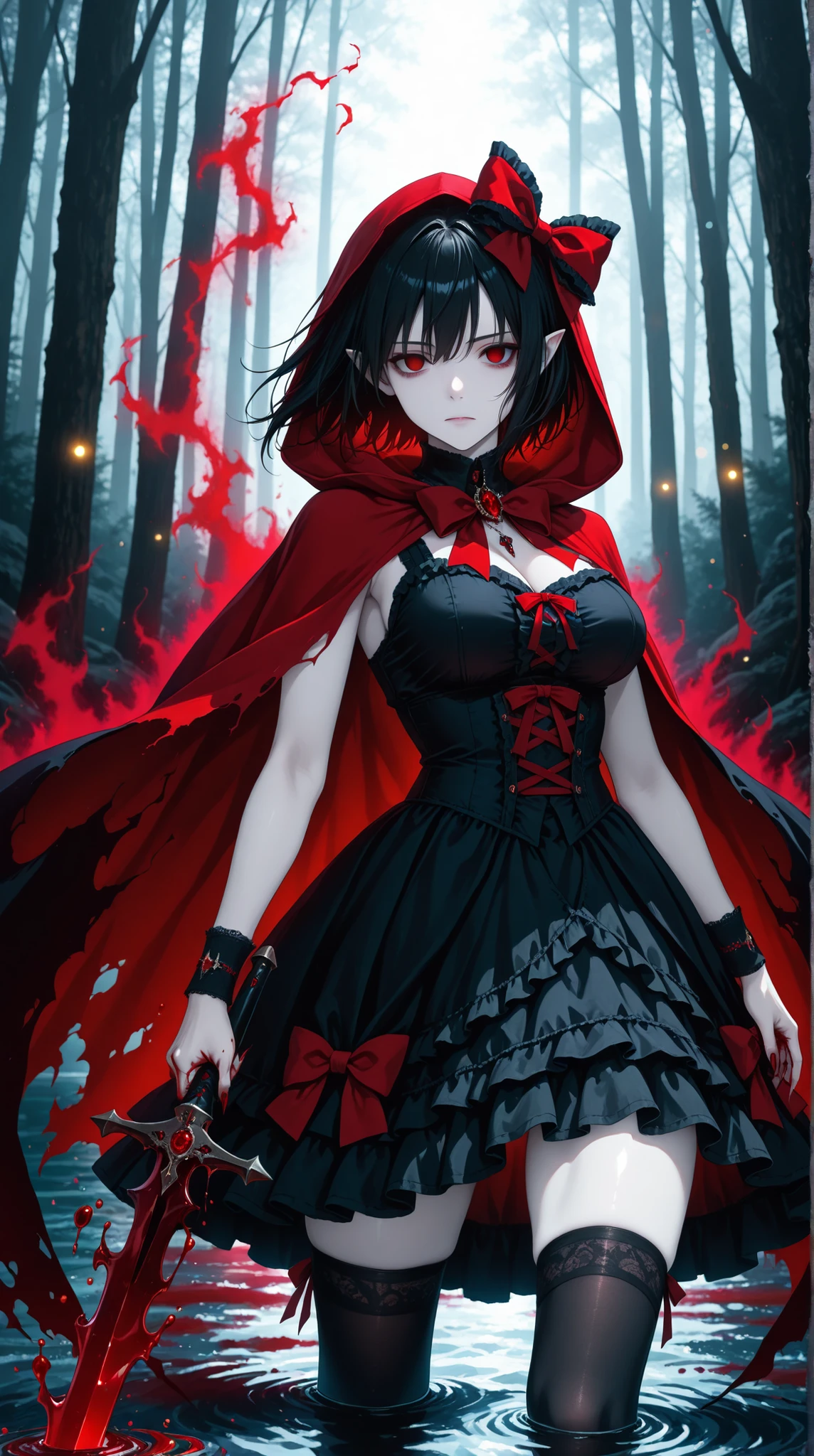 (masterpiece, best quality), very aesthetic, (close-up shot), front view, looking at viewer, 1girl, beautiful, vampire, ((red aura)), expressionless, red eyes, empty eyes, black hair, short hair, floating hair, (hair bow), red bow, medium breasts, (ta fashion:1.3), black sundress, sleeveless, red hooded cloak, torn cloak, loliristband, black thighhighs, red jewelry, ornaments, pointy ears, pale skin, (blood:1.3), ((hemokinesis)), sharp fingernails, (holding sword), western sword, (liquid weapon), dynamic pose, (wading), blurry, forest, (amazing background:1.3), diffused light, depths of field, (bokeh), high-res, absurdres