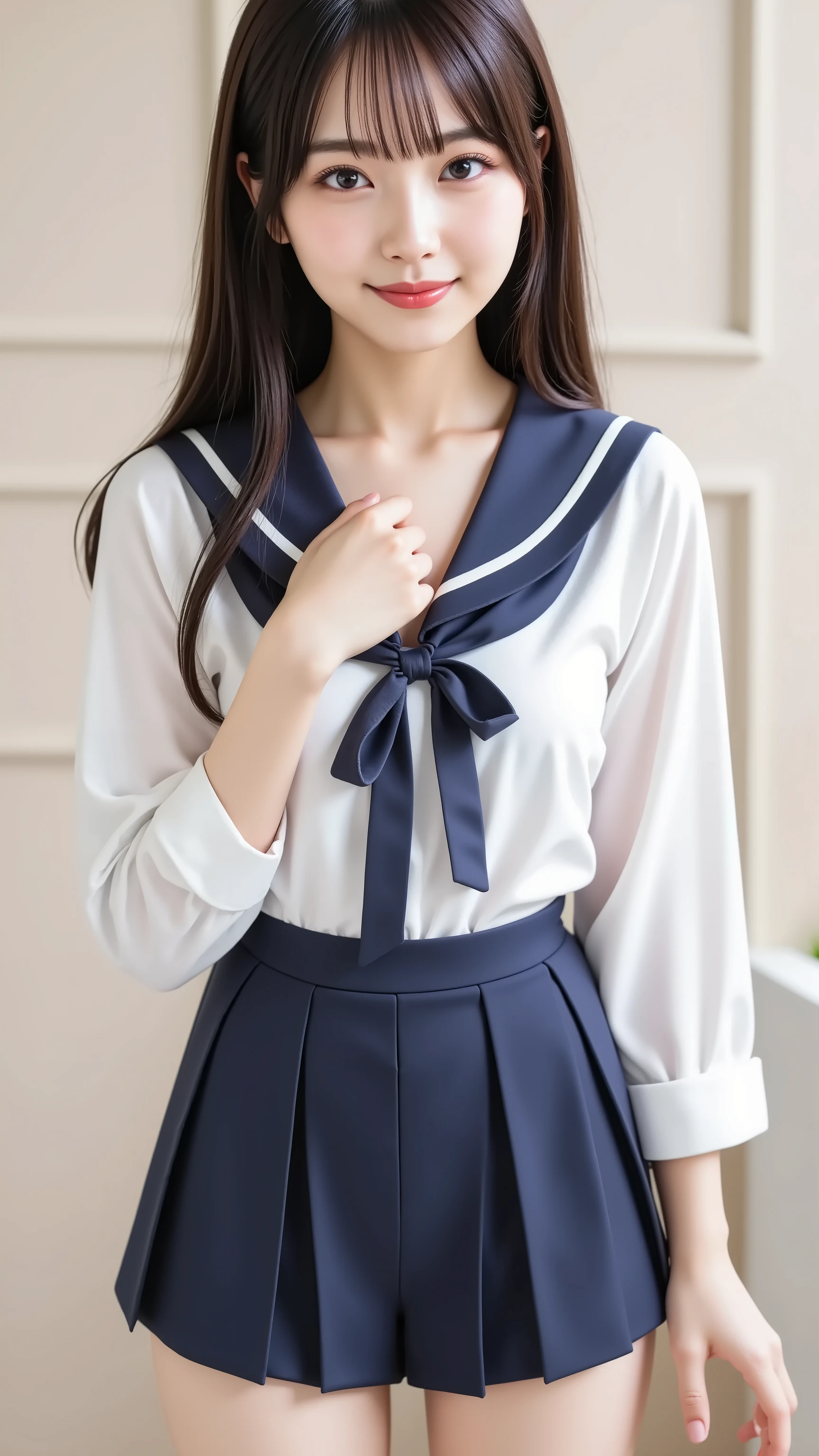 A highly detailed, ultra-realistic digital illustration of a beautiful young Asian woman, with her body visA highly detailed, ultra-realistic digital illustration of a beautiful young Asian woman, with her body visible from above the knees and centered in the frame. She has long, smooth black hair with soft bangs, and her clear, luminous skin complements her warm, inviting smile. Her large, expressive eyes are enhanced by natural, elegant makeup. She is wearing a traditional Japanese high school girl's uniform, featuring a white blouse with a sailor-style collar, a navy blue pleated mini-skirt that falls above the knees, and a matching ribbon tie, exuding youthful vibrancy and charm. The background is a minimalist, neutral tone that subtly contrasts with her attire, ensuring she remains the focal point. The image is rendered in 8K resolution, capturing every intricate detail with pristine clarity.ible from above the knees and centered in the frame. She has long, smooth black hair with soft bangs, and her clear, luminous skin complements her warm, inviting smile. Her large, expressive eyes are enhanced by natural, elegant makeup. She is wearing a traditional Japanese high school girl's uniform, featuring a white blouse with a sailor-style collar, a navy blue pleated mini-skirt that falls above the knees, and a matching ribbon tie, exuding youthful vibrancy and charm. The background is a minimalist, neutral tone that subtly contrasts with her attire, ensuring she remains the focal point. The image is rendered in 8K resolution, capturing every intricate detail with pristine clarity.