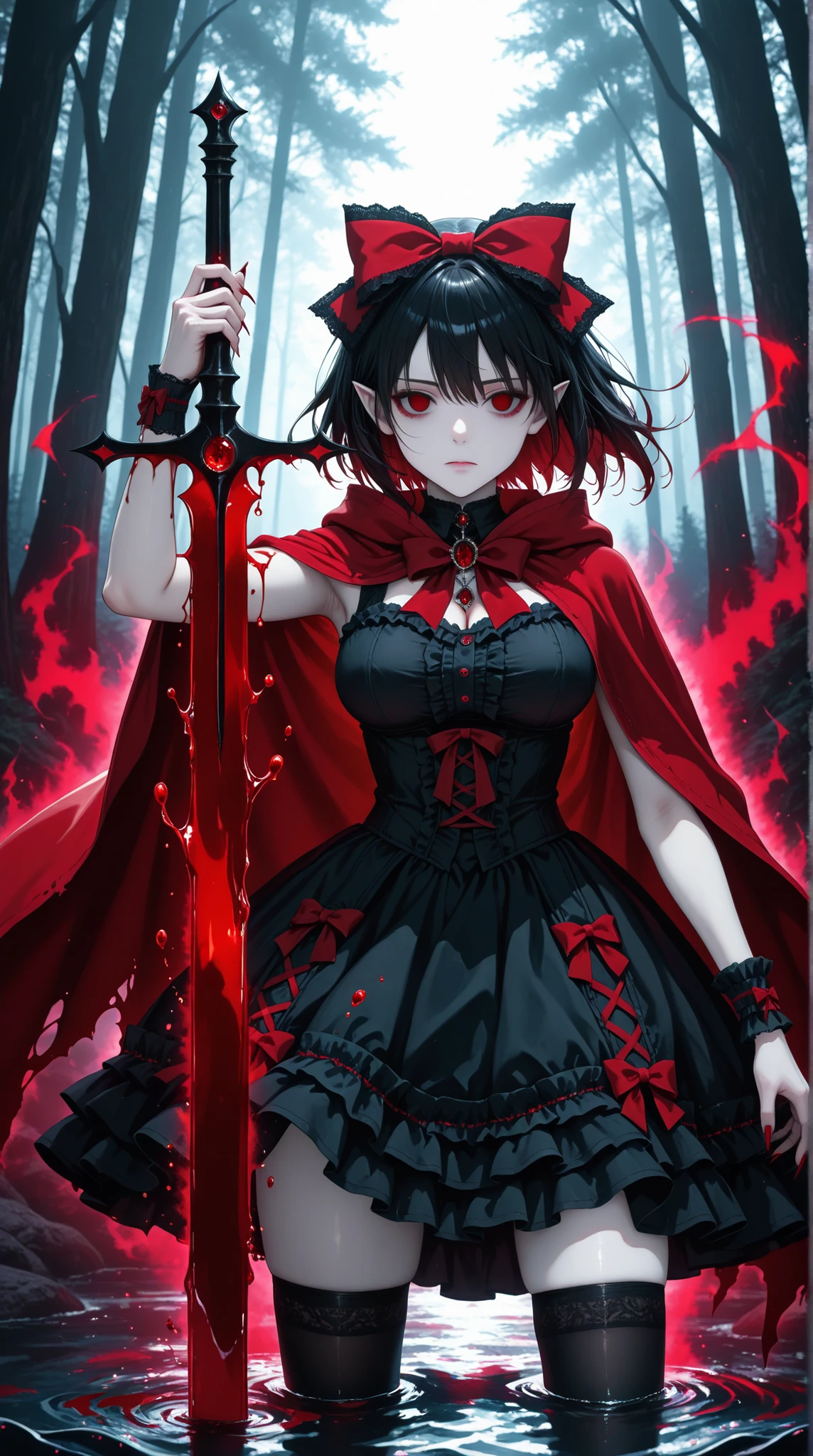 (masterpiece, best quality), very aesthetic, (close-up shot), front view, looking at viewer, 1girl, beautiful, vampire, ((red aura)), expressionless, red eyes, empty eyes, black hair, short hair, floating hair, (hair bow), red bow, medium breasts, (ta fashion:1.3), black sundress, sleeveless, red hooded cloak, torn cloak, loliristband, black thighhighs, red jewelry, ornaments, pointy ears, pale skin, (blood:1.3), ((hemokinesis)), sharp fingernails, (holding sword), western sword, (liquid weapon), dynamic pose, (wading), blurry, forest, (amazing background:1.3), diffused light, depths of field, (bokeh), high-res, absurdres