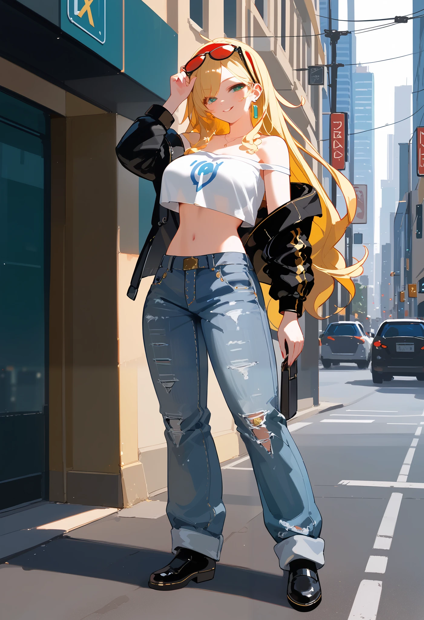 (masterpiece, highest quality),crop top, hot pants,off-shoulder jacket,jumpsuit Blonde, Beautiful adult woman,baggy jeans, full body, Big breasts, sexy, Seductive images, glasses over the head, blonde white long hair, city street background, (ultra detailed), (close up shot), (candid shot), half body view