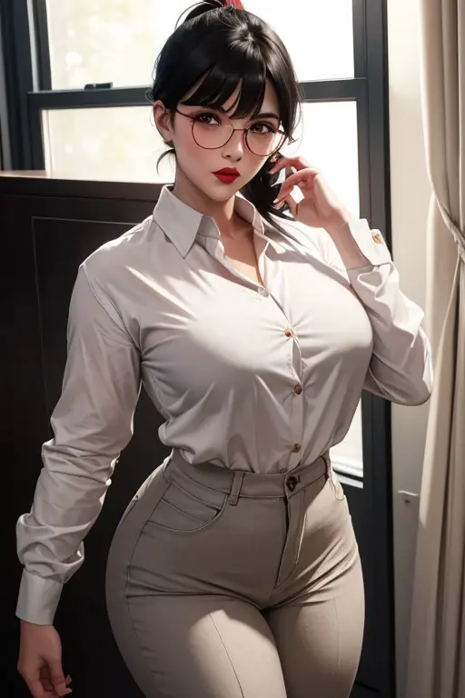 parte superior del cuerpo: 1.2 1girl, obra maestra, mejor calidad, ultra detallado, illustration, ojos finamente detallados y cara detallada) Ropa: Tight pants, camisa blanca con escote, medias color blanco, anillo de bodas, Apariencia: Short black hair in a low, clean bun, maquillaje natural, (ojos morados: 1.05), gafas blancas, caderas anchas, senos masivos, besando un hombre adult , seductor, maternal, at_the_CEO_office, mirando al espectador, curvilíneo, voluptuoso, cuerpo completo, CEO lady, (mujer madura, milf: 1.1), Talking on the phone, en el pasillo de una casa, with a phone in hand,