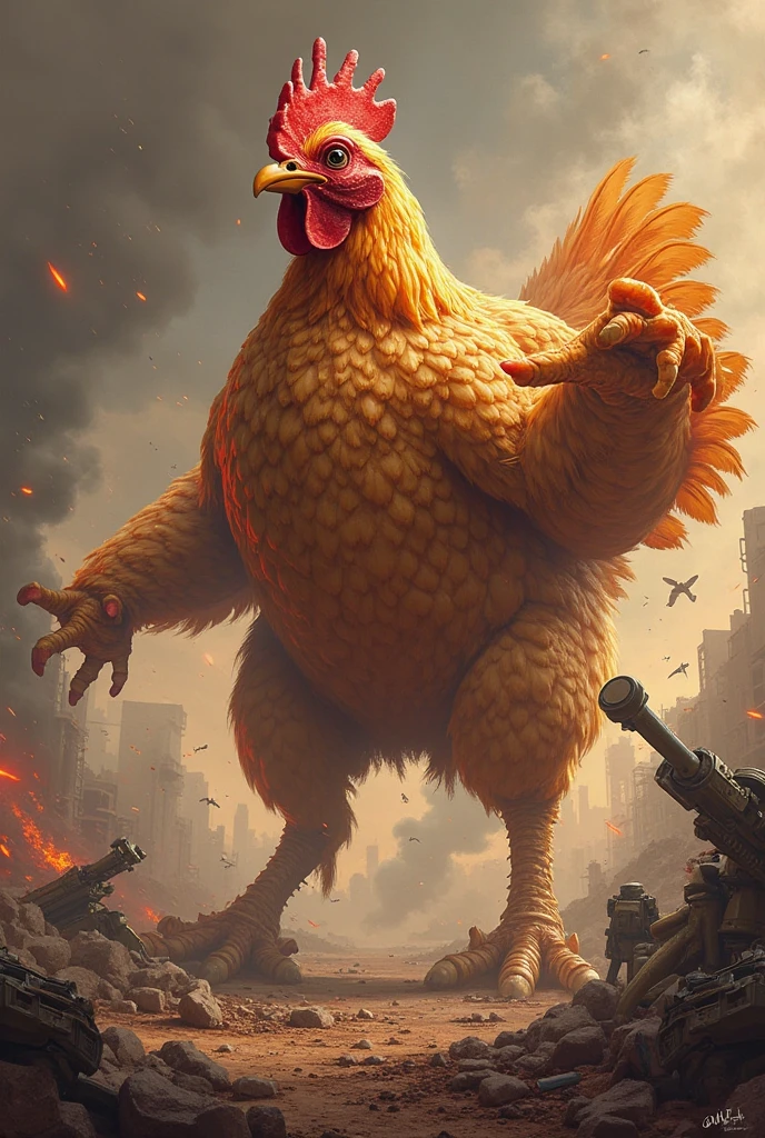 Draw a giant muscular chicken, receiving an atomic bomb, in a destroyed city 