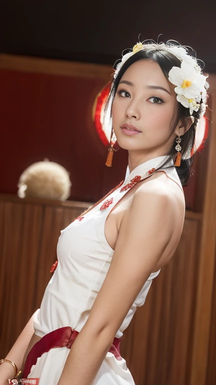 (1young girl), Extremely cute face, Amazing face and eyes, (Highly detailed eyes, Highly detailed face), fresh, Very clean appearance, (Hyper-realistic, hight resolution), (Best Quality:1.4), Raw photo, (Realistic, Photorealsitic:1.37), Professional Photography, (floral pattern kimono:1.5), (Open kimono), (cleavage:1.2), (Bare shoulders), Smile slightly, (Staring at me), Bedroom, girl portrait,