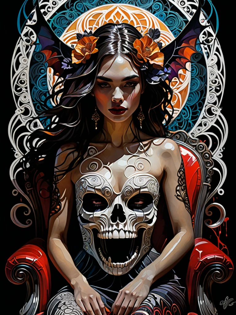 Ed Hardy Christian Audigier style vector print: Skull ornamented with roses, foliage and tribal patterns. Strong lines, fluid curves and elaborate details. Vibrant colors (red, black, gold). Striking typography. Basic settings: Pixel 1080x1080, Resolution 1, White Background. Advanced settings: Euler Method, Steps 20, CFG Scale 10, Seed 123, Upscale 2. Tags: [masterpiece], Ed Hardy, Christian Audigier, vector print, skull, roses, foliage, tribal patterns, typography, vibrant colors. --auto --s2
