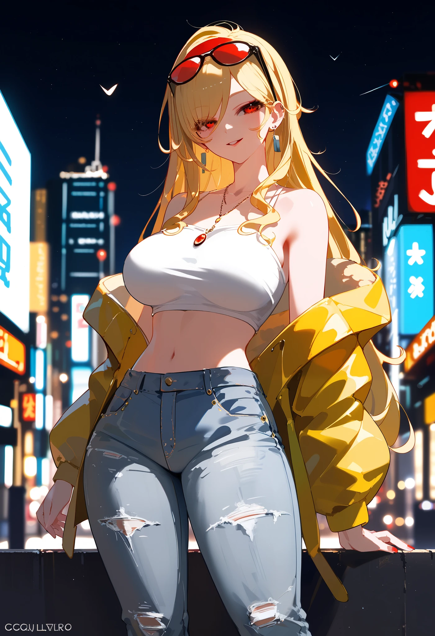 (masterpiece, highest quality),crop top, hot pants,off-shoulder jacket,jumpsuit Blonde, Beautiful adult woman,baggy jeans, full body, Big breasts, sexy, Seductive images, glasses over the head, blonde white long hair, city street background, (ultra detailed), (close up shot), (candid shot), ((half body view)), Red eyes