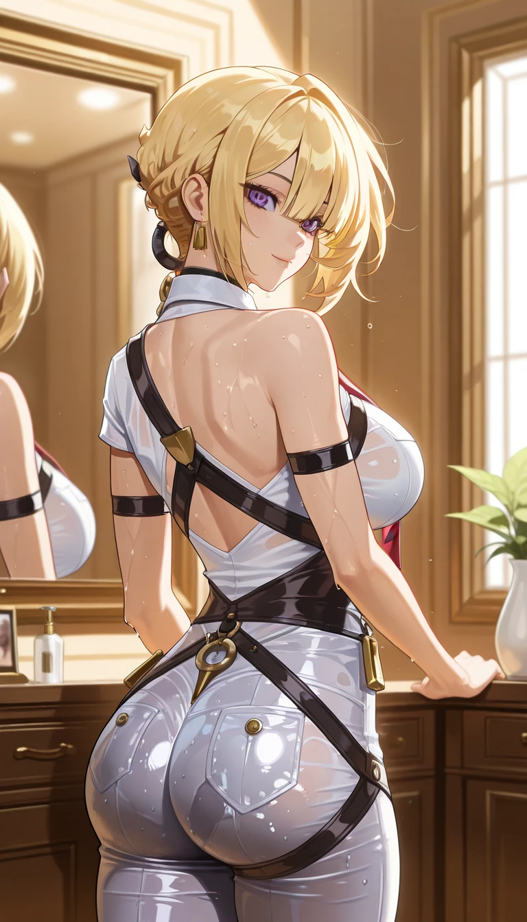 Masterpiece,Highest quality,8k,Ultra-high resolution,appropriate margins,lighting,BREAK,1 person,Very beautiful adult woman,Slim body,Very large breasts,Deep cleavage,Moisturized Skin,BREAK,Golden Hair,(No bangs,Show your forehead),mascara,Red eyeliner,Light pink lip,Thin teak,Thick upper eyelashes,Thin eyebrows,BREAK,Black eyes,BREAK,Embarrassed,Shy smile,BREAK,short hair,BREAK,Formal suits,BREAK,Watching the audience