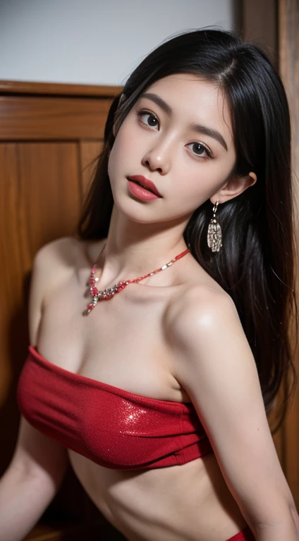 Asian woman in her late 20s, straight hair, relaxed eyes, red lace bra, beaded choker, huge size. (8K, Best Quality : 1.2), (Masterpiece, Photorealistic : 1.3), Super Detail, anatomically correct