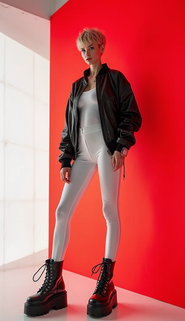 (fashion brand collection, beautiful grid, catalogue, multiple wear:1.6), highly detailed, beautiful, masterpiece, best quality, Geometric style, abstract beauty,1 girl, (all body shot, standing and posing:1.3), approaching perfection, digital painting, artstation, (concept art:1.3), illustration, white and black colors, Geometric patterns, abstract forms, Complex, surreal, (Artistic complicated background), BREAK (cyberpunk spring fusion:1.2), (futuristic monochrome style:1.2),
BREAK
(black high-collar poncho with shirt hem peeking out:1.2), (A large high-collar that hides the chin:1.8), (Hide the chin with clothes:1.4), (edgy cyberpunk detail:1.2),
BREAK
(white 7/8 length leggings:1.2), (streamlined design:1.2),
BREAK
(black chunky platform high-top sneakers:1.2), (bold urban style:1.2),
(ns:1.4), (revealing outfit:1.3)
