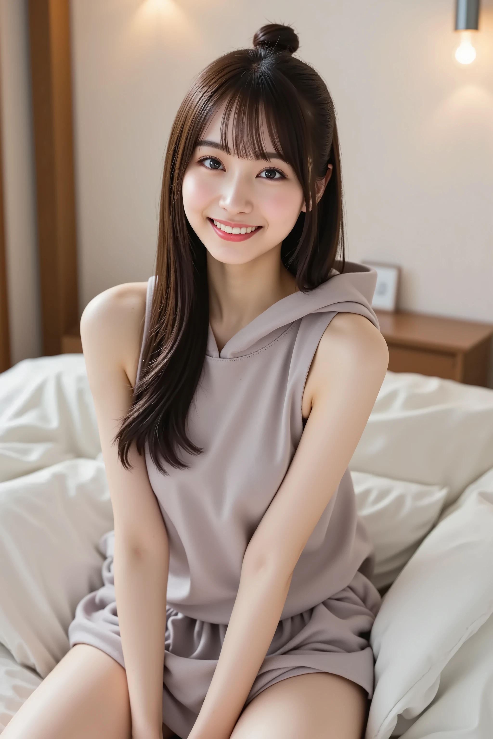 A highly detailed and ultra-realistic digital illustration of a beautiful young Asian woman, with her full head clearly visible and perfectly centered in the frame. She has clear, Radiant Skin, softly blushed cheeks, and a bright, open smile revealing her teeth, giving a warm and joyful expression. Her naturally pink lips are slightly parted, showcasing a friendly and inviting smile. Her large, expressive eyes sparkle, enhanced by delicate eyelashes and subtle, elegant makeup, adding to her lively charm.
Her hair is styled in a traditional "bun hair" (bun hairstyle), lending a playful yet classic touch to her look.
She is wearing a comfortable, modern hoodie that offers a casual and relaxed vibe. The scene captures her sitting gracefully on a neatly made bed in a cozy, minimalist bedroom, where soft ambient lighting and simple decor create a warm and inviting atmosphere.
The overall image is rendered in stunning 8K resolution, capturing every intricate detail with crystal-clear precision.