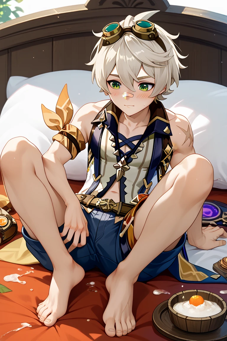 Thai boy, 8 year old, smile, beautiful eyes, tan skin, wear blue loincloth, Wear gold jewelry, inside the palace background
