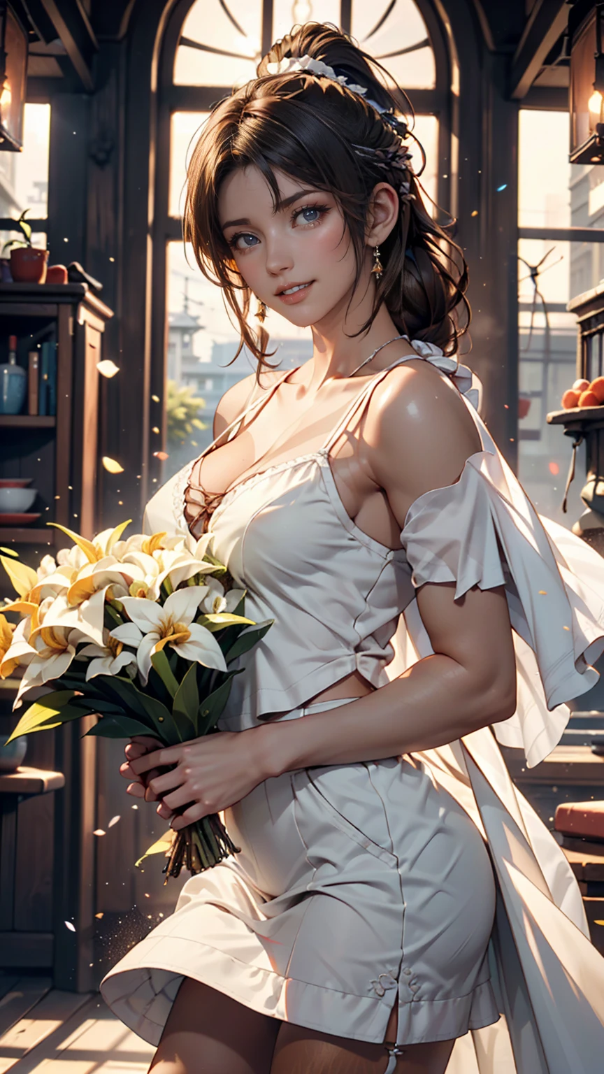 White woman、Silver Hair、Straight Hair、long hair、Sexy proportions、Big Breasts、Cleavage Emphasis、Wear a cross halter top、Navel visible、Wear low rise leggings、Wear sneakers、smile、View from above、holding a bouquet of flowers in both hands