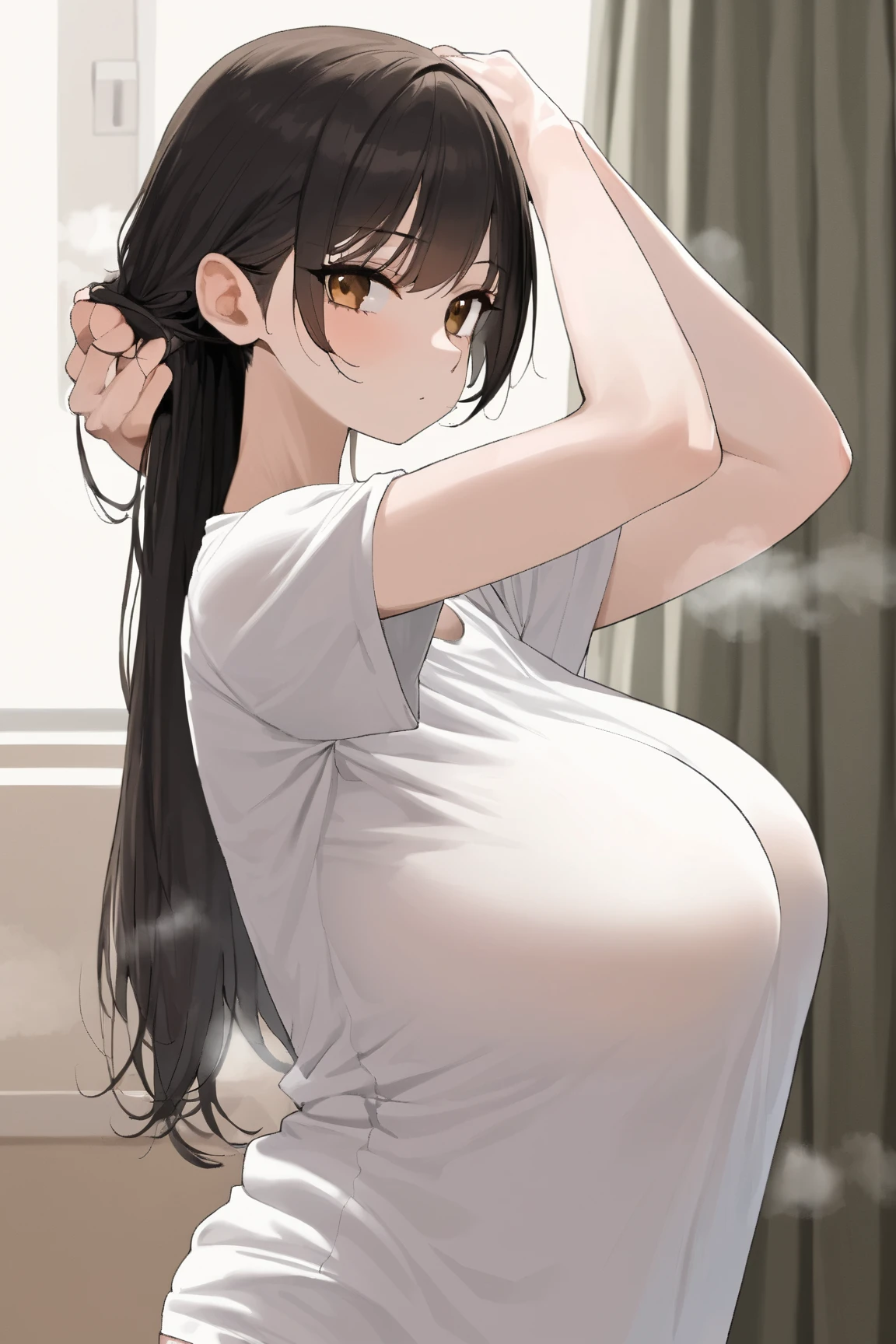 a beautiful cat girl gently comforting her young daughter in the bathroom, the girl with enormous breasts wearing lipstick, the daughter with small delicate breasts smiling and having fun, intricate detailed faces, beautiful skin, dramatic lighting, warm colors, photorealistic, oil painting, high resolution, masterpiece, nude, black hair, girl pregnant