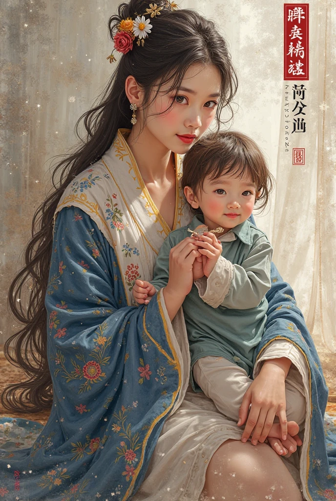 A one-year-old baby boy in an ancient Chinese baby costume with his beautiful mother, dressed in an white ancient Chinese costume, There are some floating clouds, playing with each other, with his handsome father standing next to his mother, close up.

Background is a blue sky, with low floating blue clouds all over the area.