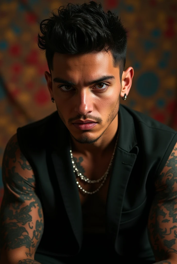 there is a man with a tattoo on his chest looking at the camera, taken in the early 2020s, very very low quality picture, nighttime!!, nighttime!, around 1 , bad bunny, xxxtentacion, 1 / 2 headshot, profile shot, taken in the late 2010s, profile image, raytrayced