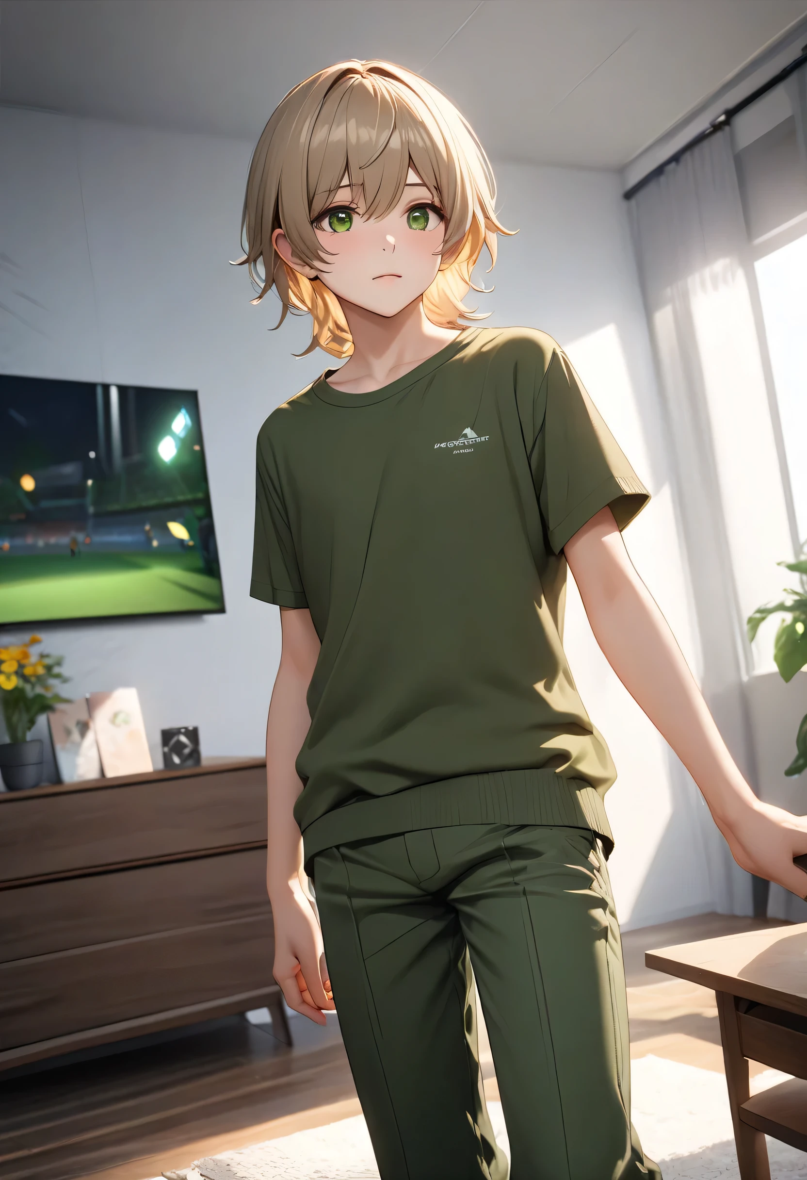 ((masterpiece, best quality, High resolution, UHD, perfect pixels , Profundidad de campo, 4k, RTX, hdr)), boy , slim body, average height, semi-long hair type 60s that covers his ears ,light brown hair , (eyes honey shirt, fringe to the side , (smooth texture: 0.75), serene look,(smooth texture: 0.6, realistic texture: 0.5, photorealistic: 1.1, anime cg style), (dynamic angle, foreground, looking at the spectator), standing and on the side but facing the spectator, (brown sweater , green corduroy pants,), The interior of a bedroom with furniture and decoration in green and dark is standing in the background