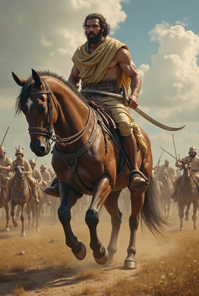 A handsome shirtless man in a Roman carriage with 4 horses in the desert