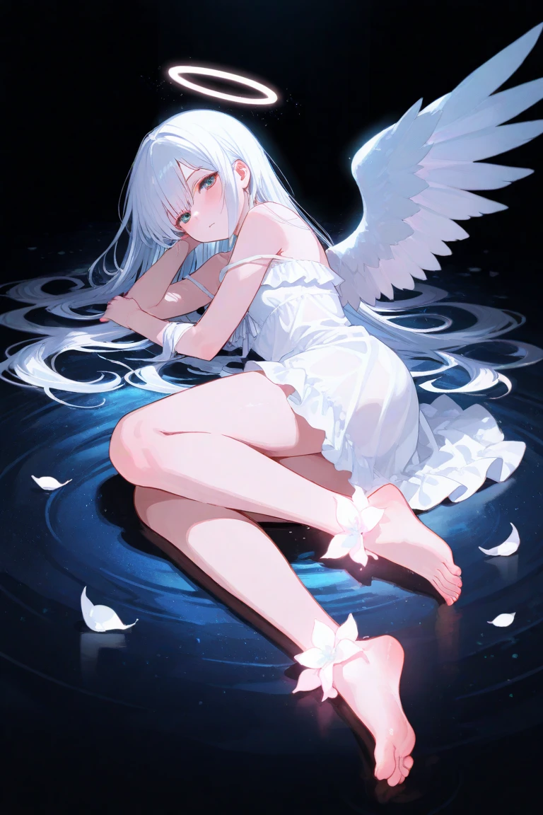 A delicate and elegant girl, Long wavy hair that reaches the knees,White hair is very attractive.., Detailed and precise manual work, Attractive girl, White cat ears, look at me, Purple eyes and white eyelashes,Her cheeks turned red,Big angel wings,On the water, A subject that stands out against the dark night sky,A lot of hydrangea, White Dress, Dramatic moonlight that makes your subject stand out, barefoot,Ankle decoration,Woman sitting on the ground。