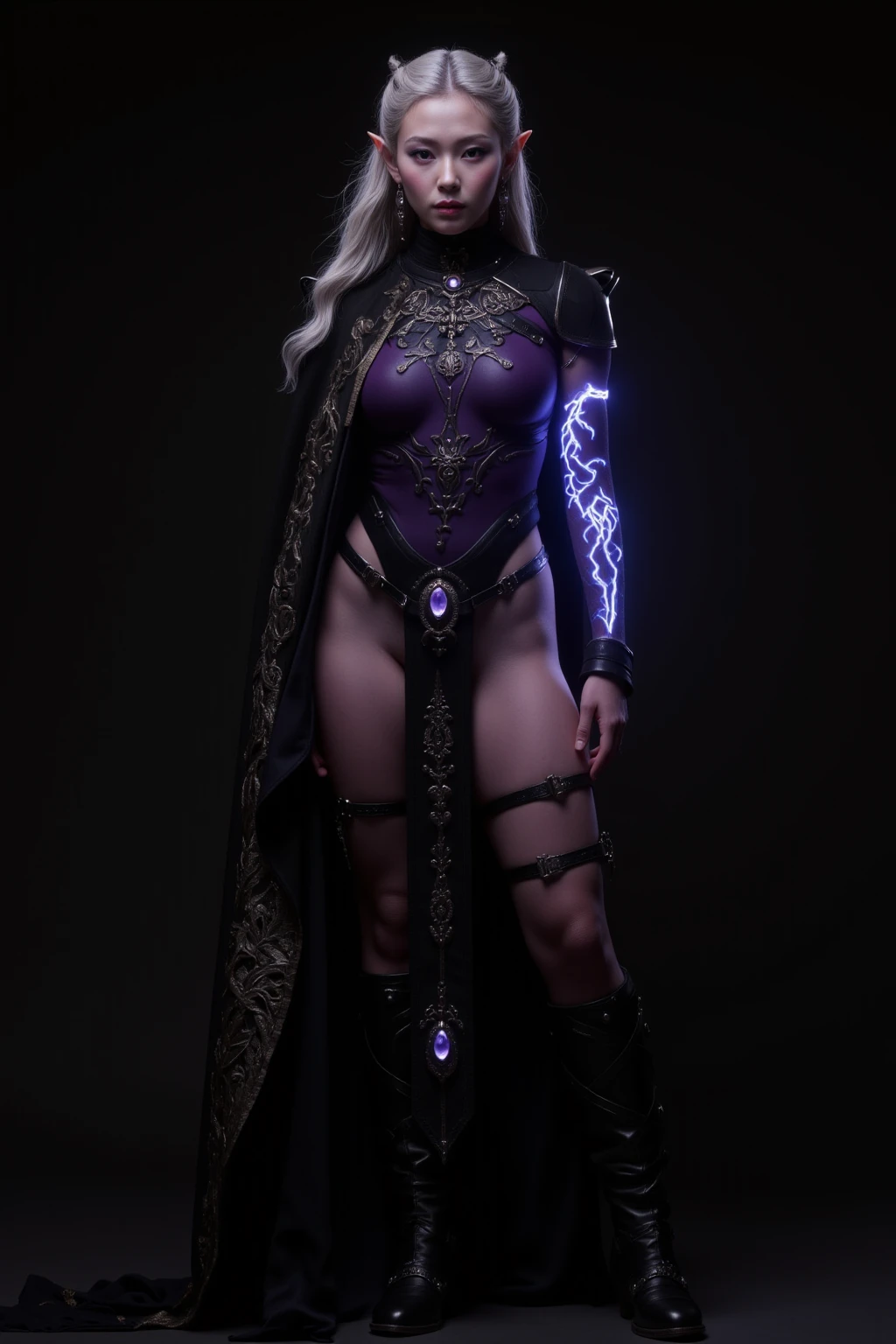 (highres, high quality:1.2), intricate details, cinematic lighting, sharp focus, depth of field,
MiaoYing, 1girl, mature female, (solo:1.1), standing, posing, Dynamic Stance, battle stance, raised fist, magic, (electricity:1.1), cowboy shot, from below, (east asian architecture:0.9), night, (thundercloud:1.1), lightning, looking at another,
determined,
white hair, long hair, high ponytail, lipstick, makeup, detailed hair, detailed face, blue eyes, glowing eyes, bright pupils, necklace,
horned headwear, armored dress, (single gauntlet:1.1), cleavage cutout, fishnet thighhighs, high heell boots,
Large Breasts, cleavage,
<lora:MiaoYing:0.89> <lora:epi_noiseoffset2:1>