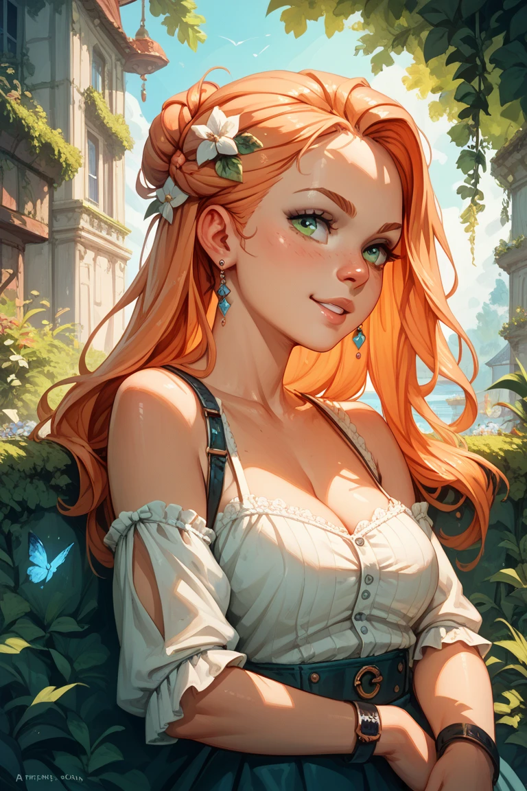 (1Girl, Teen, Russian model, Red hair, Beautiful, Cute, Green Eyes, (Perfect eyes), Wearing medieval clothes, on a field), low-cut, plunging neckline, smirk, seductive smile, inviting expression