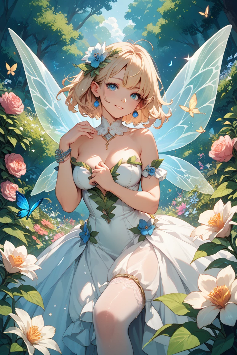 (((masterpiece))), (((best quality))), ((ultra-detailed)), ((an extremely delicate and beautiful)), (illustration), (detailed light), (beautiful detailed blue eyes), solo fairy cute girl, (((cute fairy girl pointy ears)), ((fairy wings)), cute fairy girl standing, ((curtsey, skirt hold:1.3)), ((curtsey pose)), ((happy smiling)), (closed mouth), ((blonde fluffy hair)), ((white chrysanthemum flower background:1.2)), (petals:1.4), from above:1.2, (((night sky))), (((moonlight))), fisheye, ((((nice hands, perfect hands)))), highest quality,naked,wipe panties,expose one's chest,sexy and excited,beautiful breasts,white skin,pointed chest,erect nipples,porn images,a lot of sweat,wet costume,wet body,see through,underkirt lift,nipple slip from,cum on breast,cum in pussy,