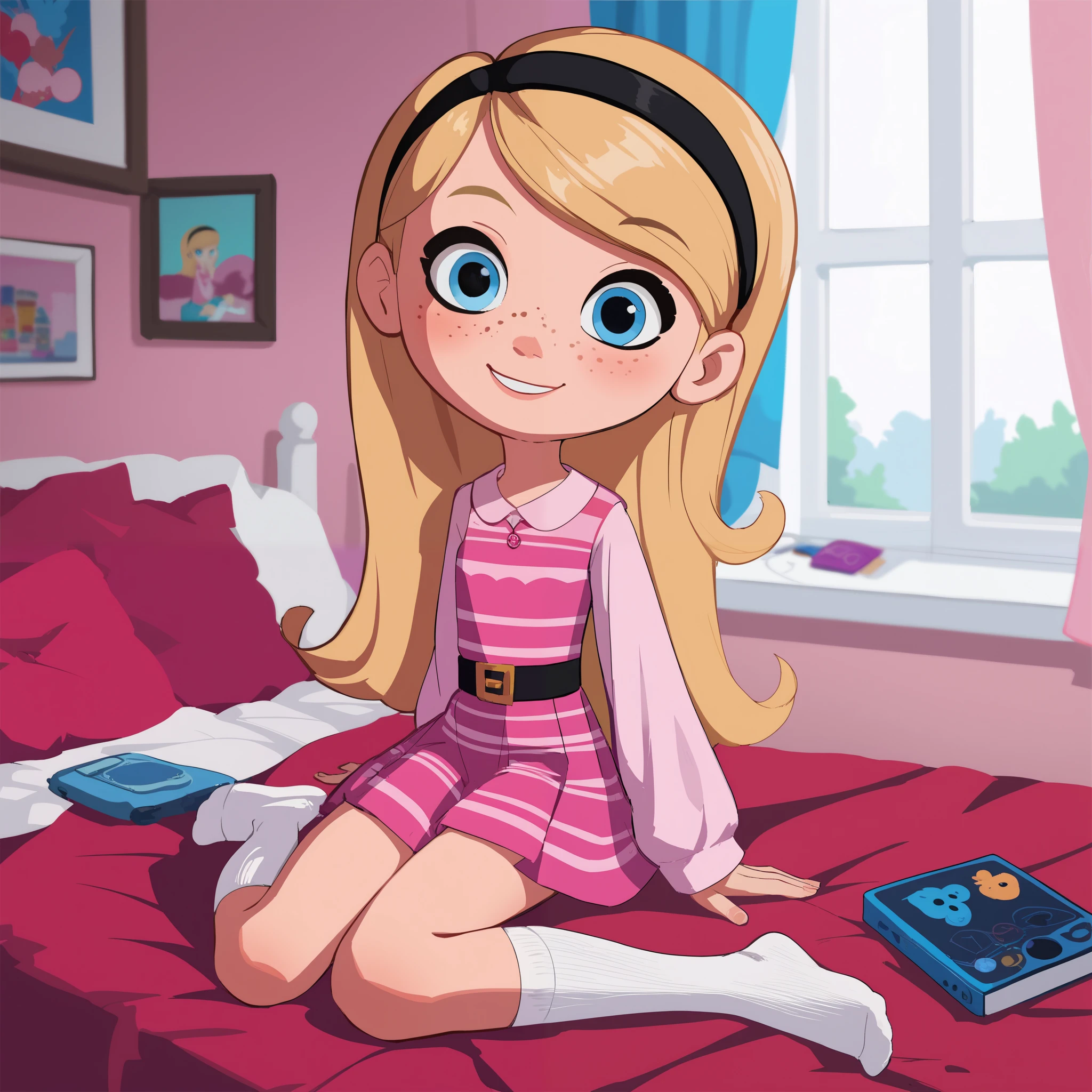 score_9, score_8_up, score_7_up, source_anime, 2d, , ,1girl , solo , penny peterson , long hair, blue eyes, freckles, blonde hair, skirt, pleated skirt, hairband, black hairband, white long tube socks, dress, ,pink dress, ,sleeves, ,no shoes, ,sitting, on bed, cute smile, ,bend your knees, ,looking at viewer, smile, indoors, (pink bedroom:1.2)