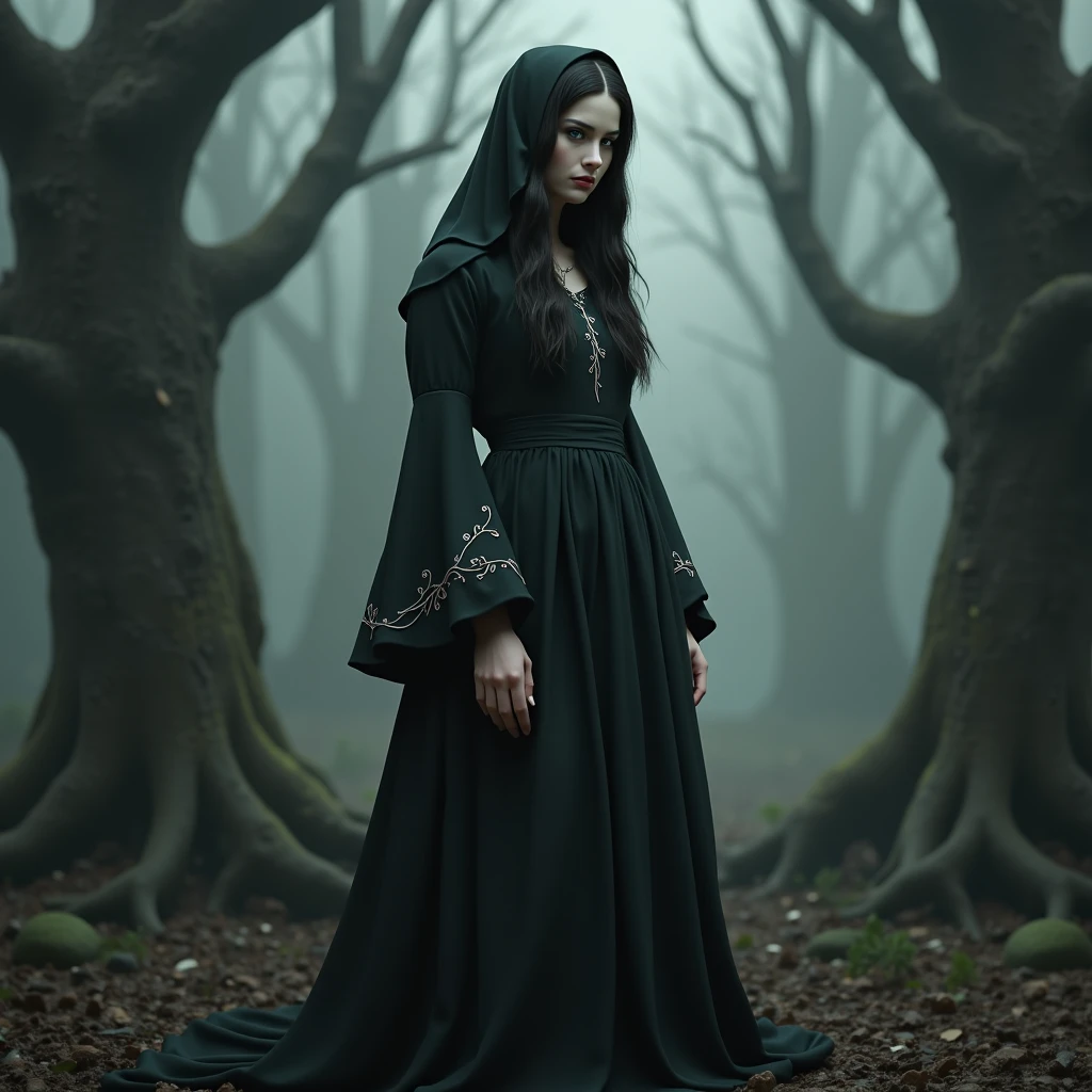 A powerful and mysterious witch standing in a dark, enchanted forest. She wears a flowing black cloak adorned with silver runes and holds a glowing staff. Her eyes gleam with magic as she casts a spell, causing the air around her to shimmer. The forest is filled with twisted, ancient trees, glowing mushrooms, and swirling mist. In the background, a full moon illuminates a gothic tower, adding to the eerie atmosphere.