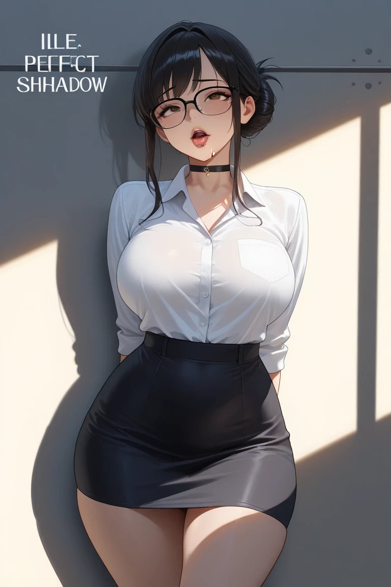 1woman, short brown hair, bob cut, blunt bangs, brown eyes, glasses, medium breast, wide hips, white buttoned shirt, black pants, smile, blush, solo, ((best quality)), ((masterpiece)), portrait, simple background, looking at the camera, from the front, ((detailed)), ((perfect ???????)), ((detailed art)), ((high definition)), ((4k)), ((high resolution))