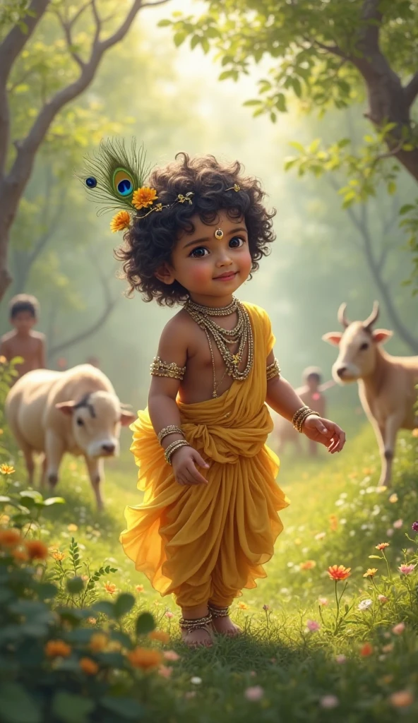 (photorealism:1.2), beautiful , sitting on treeside, wearing Krishna costume, surwal, medium curly hair, soft lighting, plants in background, sunlight,innocent look, realistic, intricate details, warm colors,flute in left hand,curd in right hand,eating curd,look like a god Krishna,mon in background and trees peoples searching krishna