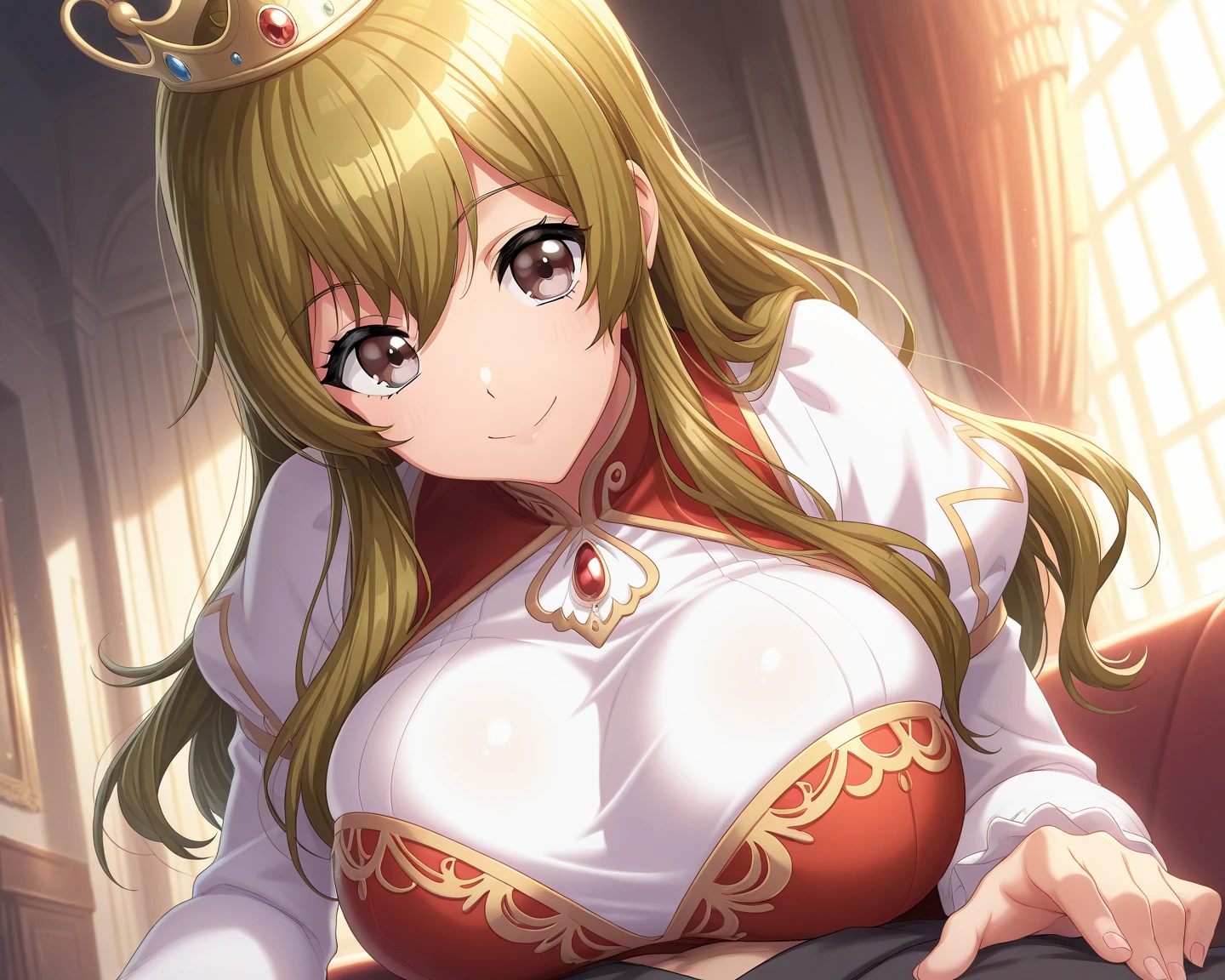 brown hair girl with golden crown, small girl, one girl, pink wedding dress, face on camera, tight shirt, show large chest, dark isekai, shy girl, pitiful face, face forward to camera, bent pose, asking pose, pink cheeks, half body, body on big chain, smile, purple eyes, no nails, pink blushes, bent on grass, very big breast, cleavage, wet breast, leg_up