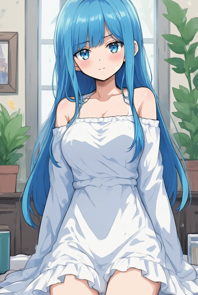 (masterpiece:1.2), (best quality), (ultra detailed), (cowboy:1.2),(highly detailed:1.2),(detailed face:1.2),esdeath 1girl, solo, long hair, blue eyes, blue hair,huge tits, bedroom, Slim, full body in shot, Nightie,