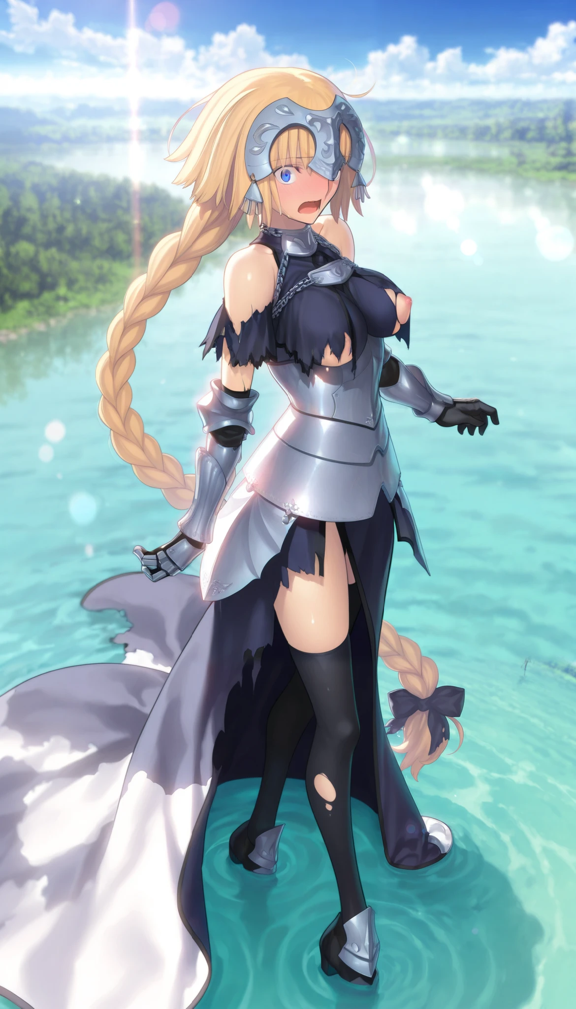 masterpiece, , absurdres, highres, detailed background, high resolution, masterpiece, necessary, detail, best quality, quality, necessary, details, High details, Precise,, backlight, on lake, blue sky, day, outdoors, solo, lens flare, blurry background, cloud, on water, from above,
girl, Takeuchi Takashi (type-moon,fate) style, takeuchi takashi style, (surprised, panicking, wide eyed), standing, Arching the back, ((very long legs)), embarrassed,,
girl, mature, tall female, jeanne d arc, \(fgo\), blue eyes, jeanne d arc, blonde hair, medium hair, (show off nipple), torn armor, armored dress, black gloves, black thighhighs, big braid, torn dress, gauntlets, gloves, headpiece, torn blue dress, single braid, thighhighs, medium breasts, looking at viewer, ,