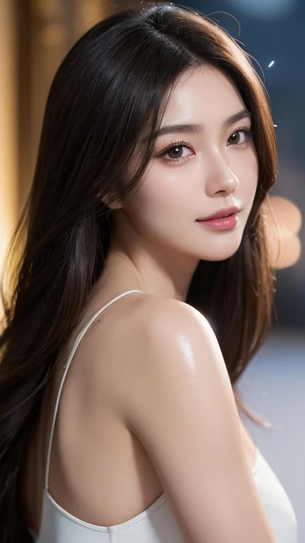 1girl in, Extremely cute, Amazing face and very detailed beautiful face), (Ultra Realistic), (Highly detailed eyes, Highly detailed hair, Highly detailed face, Highly detailed plump lips), (off shoulderreasts, Upper body, Search Smile, (Best Quality:1.4), Unripe, (Realistic, photo-Realistic:1.37), Professional Photography, Cinematic Light,