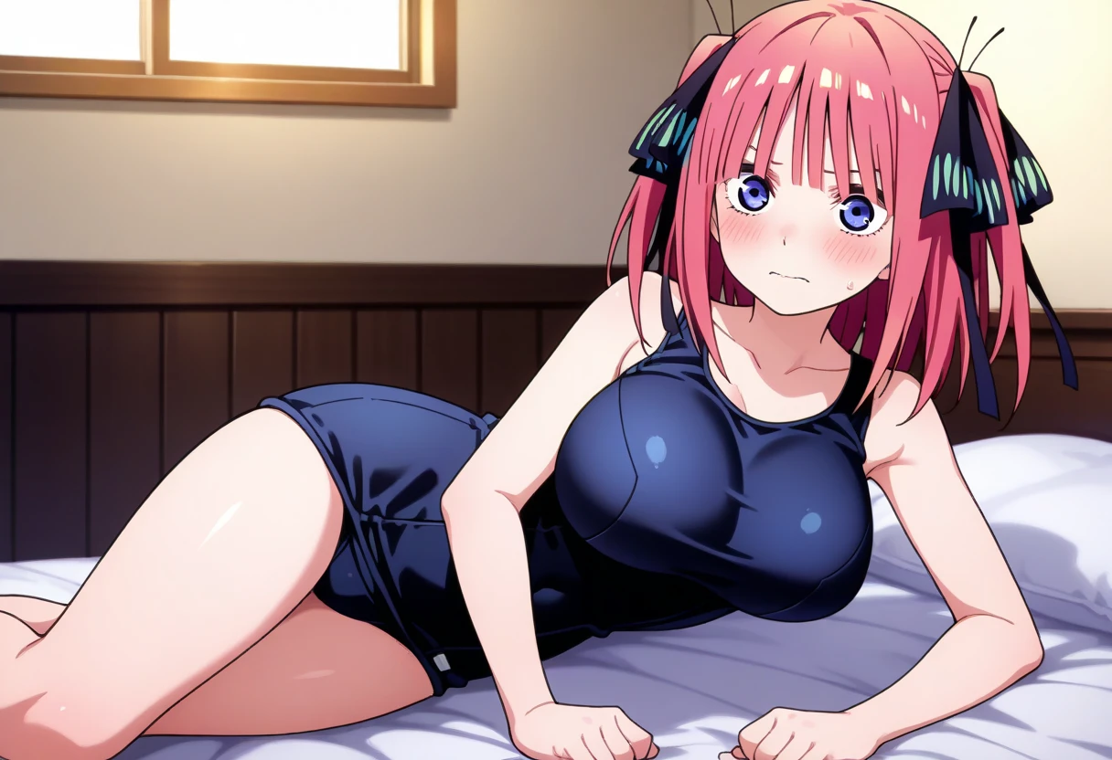 best quality, insanely detailed, nino nakano, breasts, blush, bedroom background, looking at viewer, cheerful eyes, masturbation, pussy, nsfw,arousal, one-piece swimsuit