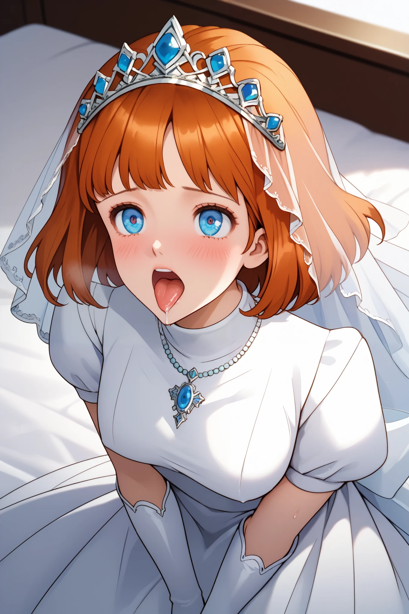 clarisse,marin_kitagawa,
front,lower body,from above,from side,
1 female,solo,pretty,
fellatio,deepthroat,irrumatio,cum on face,
very huge cock,eyes closed,
extreme close-up face,
orange hair,bob_cut,colored inner hair,
blue eyes,beautiful eyes,big eyes,
long eyelashes,
white latex wedding dress(1.3),tiara,veil, turtleneck,short_sleeves,mini skirt,
red elbow gloves,
red lace up boots,thigh-high boots,
high heels,red sexy panty,
pleasure,blushing,drooling,tear drop,sweaty,
ecstasy,wet,incontinence,cameltoe,
open mouth,tongue out,white breath,
motion line for orgasm,
large breast,small nipples,small areolas,
beautiful legs,thin thighs,thin calves,
thin waist,
I can see panty,
cowboy shot,dutch angle,
perfect face,beautiful skin,anime,
anatomically correct,
best quality,super detailed,
highest quality,masterpiece,high quality,
blurred background,
indoor,on bed,bedroom