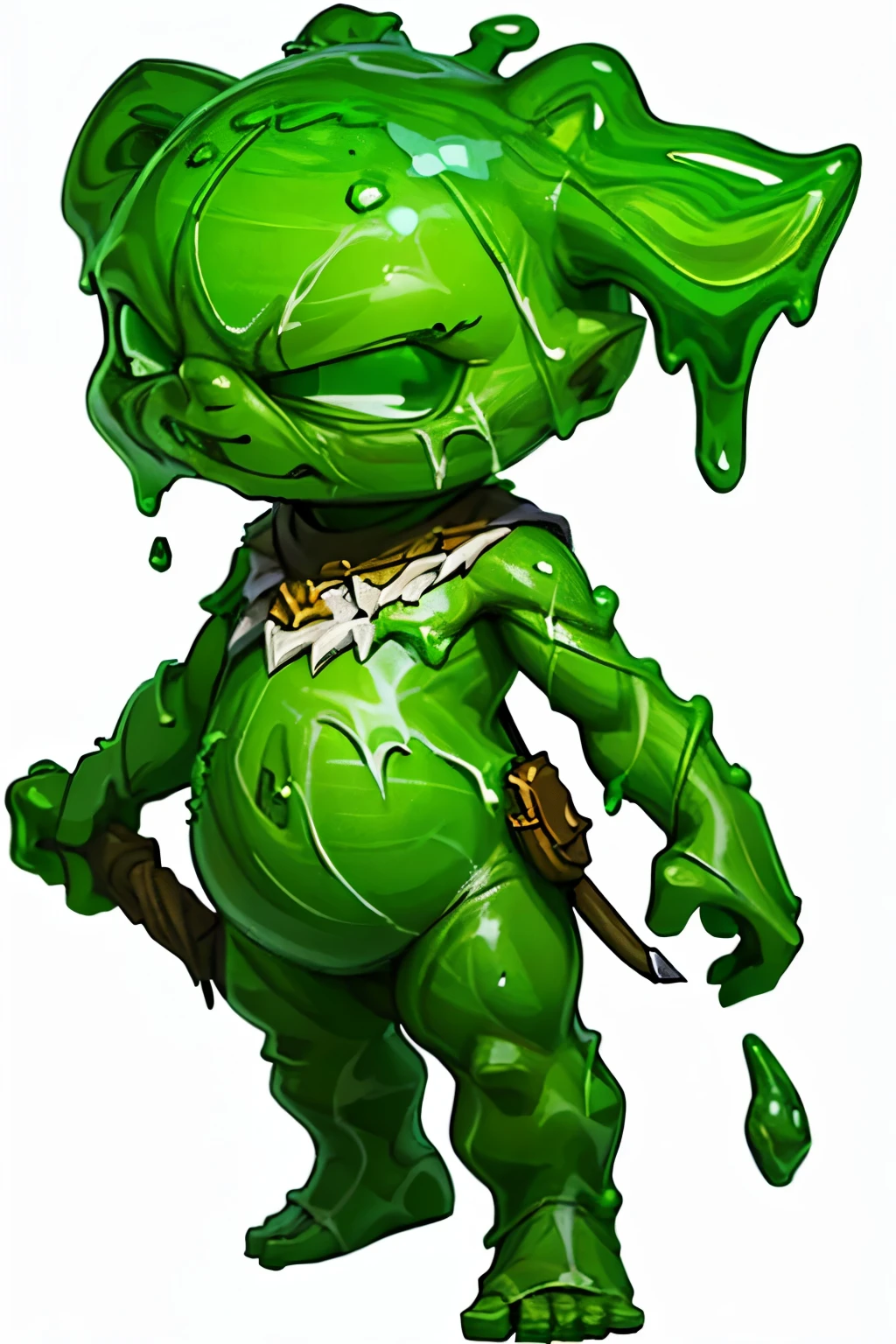 (full body image, (forbidden to cut or not) they appear from head to toe, PNG format , transparent background, white background, dark theme, rpg) &&&&& (high quality, masterpiece) &&&&& small green sticky slime, with green slime being the gelatinous body itself, and melting without humanoid form