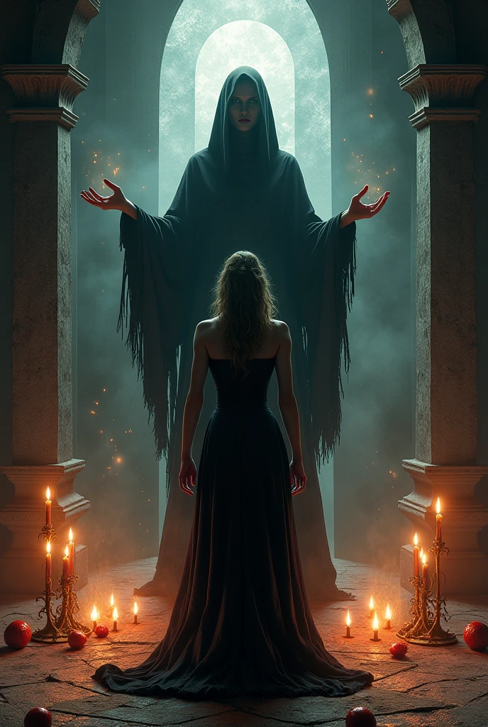 Quality, masterpiece, hight resolution, top-quality, hyper realisitic, 8K, hight detailed, BREAK, photo from above, 
, a terrifying horror scene, lone figure standing in middle of ancient house , apocalyptic  , demon girl , ghostly apparitions emerging from the shadows, surreal and disturbing environment, highly detailed, photorealistic, focusing on textures, shadows and lighting effects, reminiscent of The Grudge, scene from nightmare, surrealistic [high contrast], limited color palette, dark shadows, scary, mysterious and ghostly figures with  horn , long gray  hair, messy,  red broken dress, mist  , fire spells 