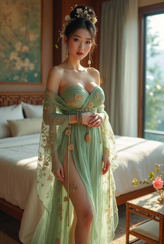 Full figure, seven -clinging shooting, 18 years old, wearing transparent firefly clothes, exquisite faces, details, hands, ultimate details, amazing magnificence, LED internal lighting, Pedaipan style, fiber hair, glowing green firefly, glowing green firefly, sitting,