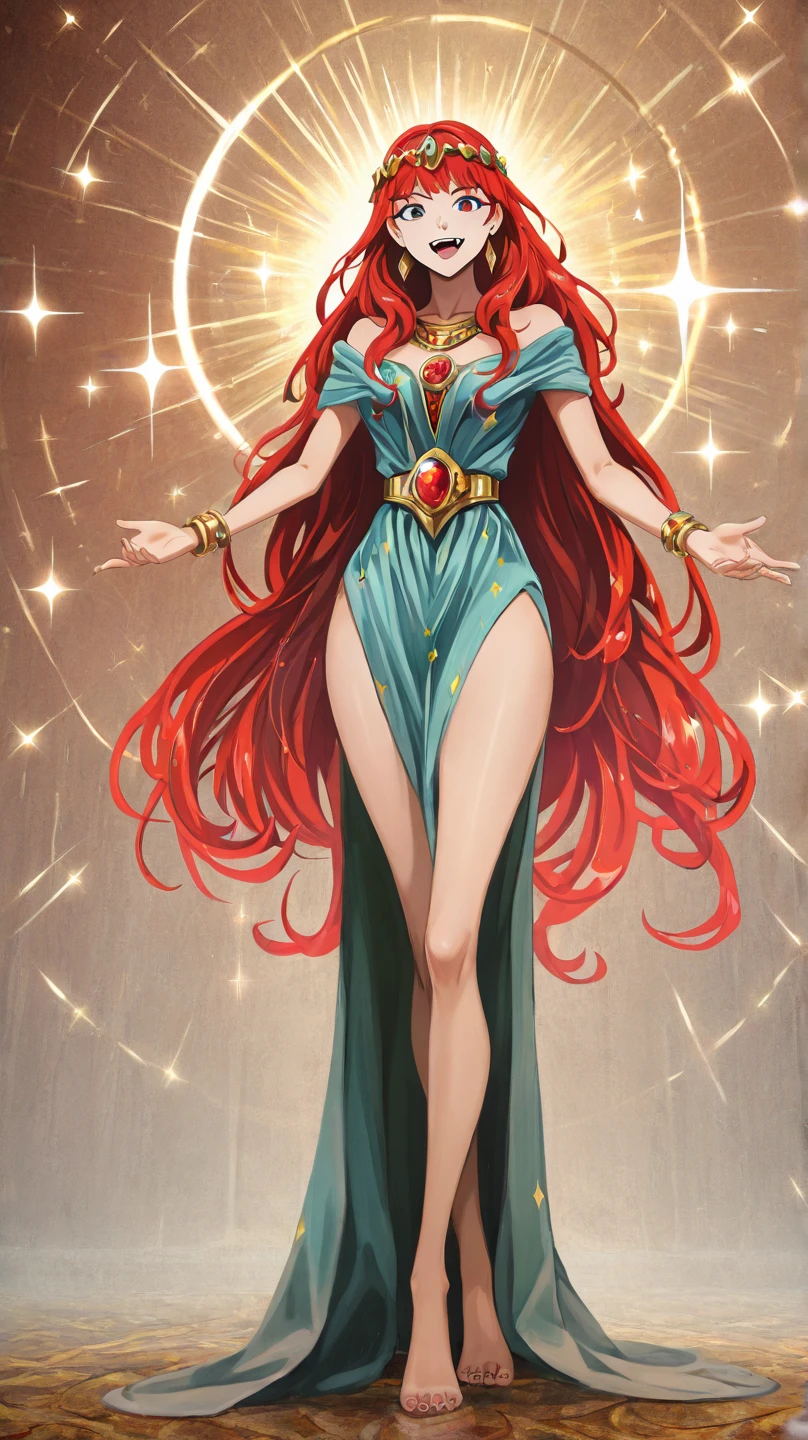 woman, curvy, ivory skin, hair is red, hair is long and wavy, eyes green, wears dark green Grecian robes with thigh windows, long flowing sleeves with shoulder windows, lots of very decorative jewelry, smirking expression, starry sky background
