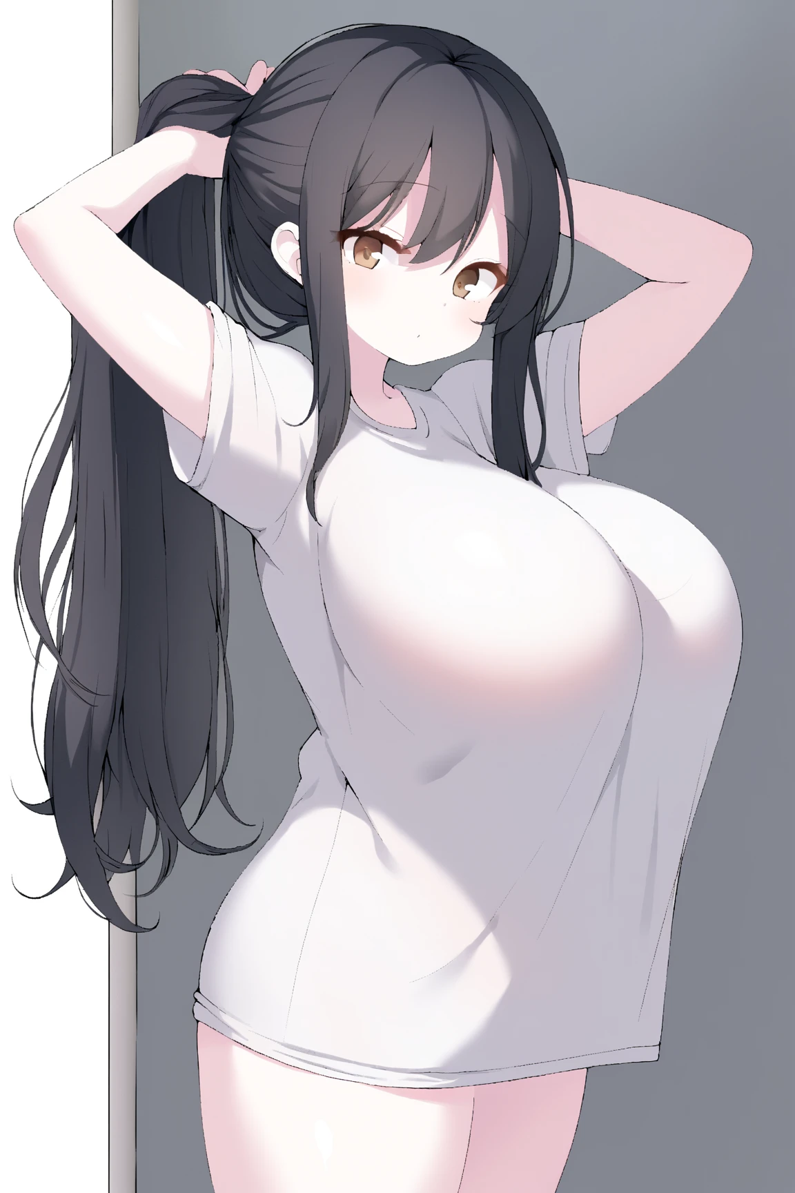 Optimal,masterpiece,High resolution,highest quality,hyper hd,Super detailed,award-winning,16k,alone,(cowboy shot)、cute face,,black hair、long hair、twin tails、 hair line,((scarlet eyes)),long eyelashes,drooping corners of the eyes,Are standing、open your legs、thin legs、white skin,((shoot from below)), ((wearing a tight white t-shirt:1.5)), ((transparent nipples))、rocket tits , big breasts,