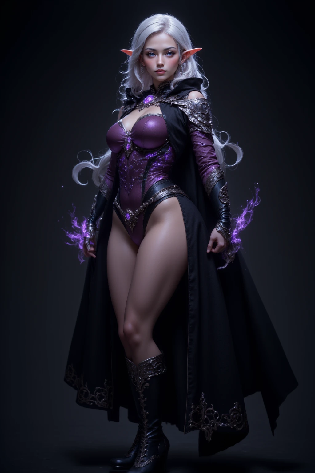 depicts a modern-day witch who has embraced the world of cybernetics to enhance her magical abilities. The artwork should convey the enchanting blend of traditional witchcraft and futuristic technology. Here are some specific elements to include: The Witch's Lair: The setting should be a cozy yet slightly eerie room, filled with magical books, crystal balls, potion ingredients, and antique furnishings. The room should be dimly lit by candles and a soft, mystical glow emanating from her cybernetic enhancements. The Cyborg Witch: The central focus of the artwork is the witch herself. She's a striking figure with a mix of traditional witch attire and cybernetic enhancements. Her clothing should have a witchy, occult aesthetic, with flowing robes, a pointed hat, and an intricate pentagram necklace. Her arms, however, have been upgraded with cybernetic components that incorporate magical symbols and glowing runes. Magical Interface: The witch is in the midst of casting a spell, with a holographic, touch-screen interface floating before her. This interface includes spell incantations, arcane symbols, and digital components, demonstrating her fusion of magic and technology. Spell Ingredients: On a nearby table, there should be a collection of spell ingredients, like herbs, potions, and magical artifacts. Some of these items may have been modified with cybernetic enhancements, blurring the line between the natural and the technological. Familiar: The witch's familiar, perhaps a cat or raven, should be present in the scene, serving as her magical companion. The familiar could also have subtle cybernetic enhancements or glowing eyes. Glowing Runes: The room should be adorned with ancient symbols and glowing runes on the walls and floor, contributing to the magical atmosphere. Aetherial Lighting: Use a combination of mystical, ethereal lighting and cybernetic glows to create a captivating interplay of light and shadow. The contrast between the tradit