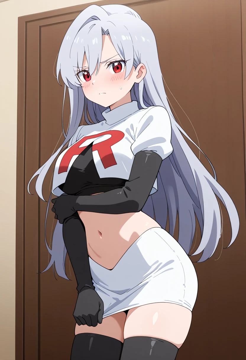
é˜¿èŽ±å…‹è¥¿äºšÂ·ç±³å¾·å˜‰å°”,1girl,solo,long hair,white hair,sidelocks,very long hair,bangs,twintails,hair ornament,red eyes,black bow,hair bow,parted bangs,two side up,
large breasts, Exquisite visuals, high-definition,masterpiece,best quality,expressive eyes,
looking at viewer,
highres, absurdres,team rocket,team rocket uniform,white skirt,red letter R,crop top,black thigh-highs,black elbow gloves