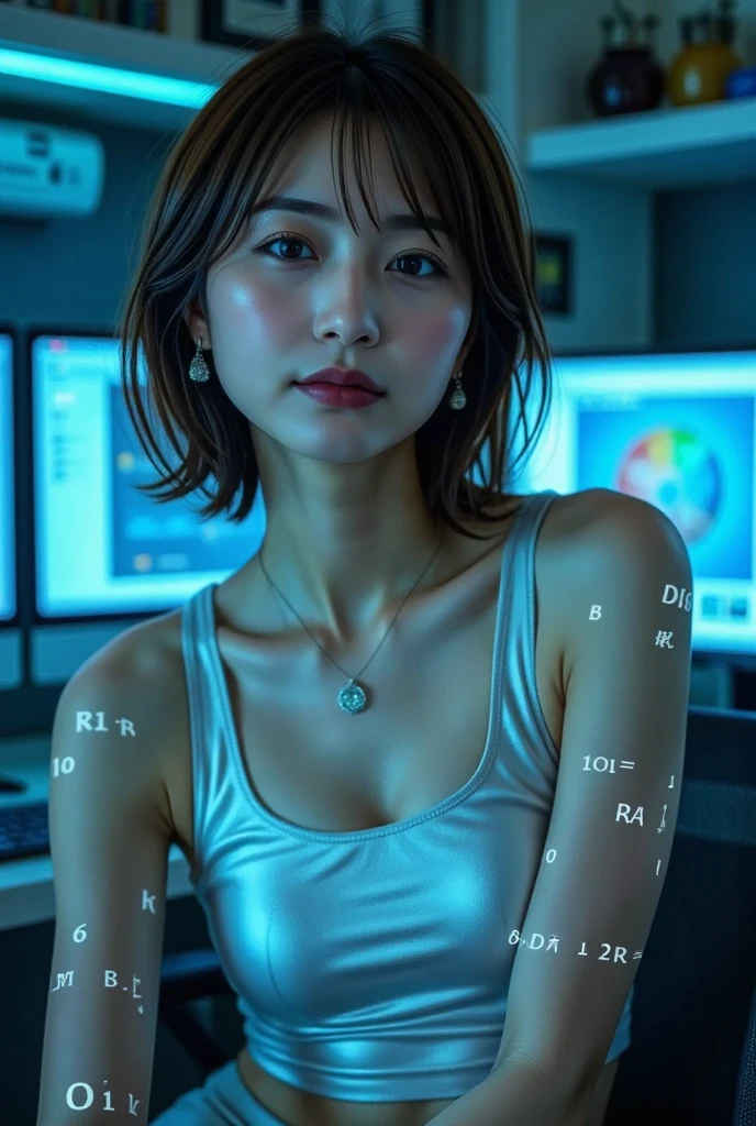 Young woman android sex worker, leaning forward, looking into a mirror that displays her daily calendar, amber LED power button embedded in her shoulder