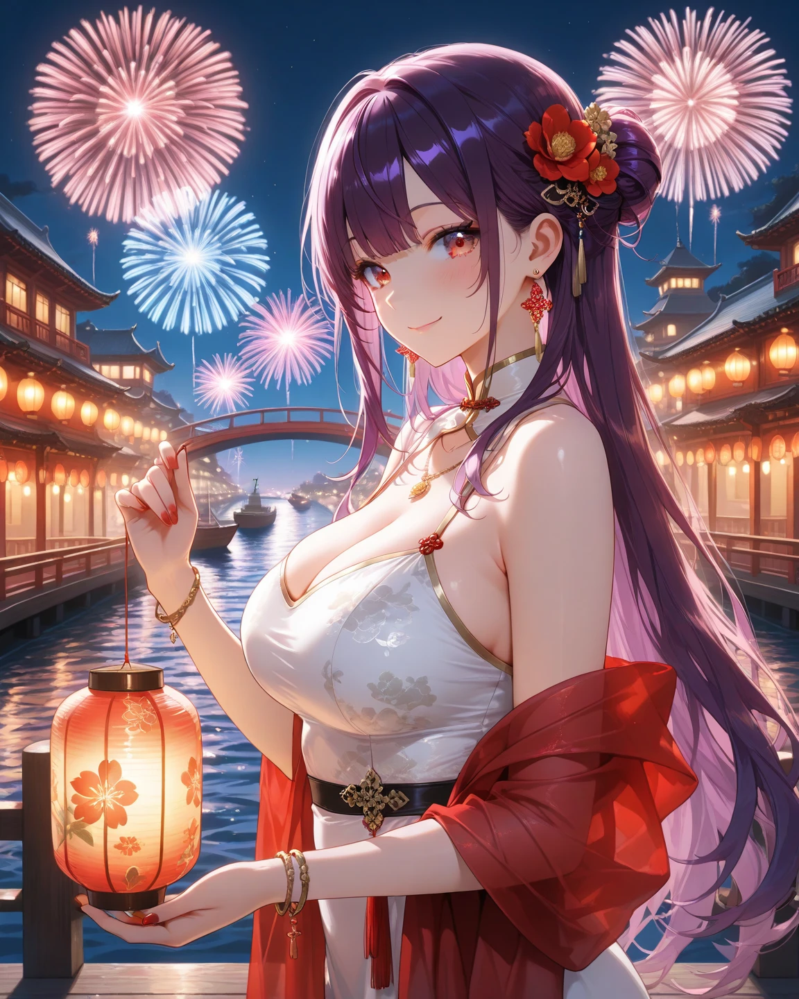 25yo woman, hime cut, black hair, long hair, erotic kimono, loose kimono, deep cleavage, huge breast, thicc thigh, drunk, Japanese festival view, night time, clear view