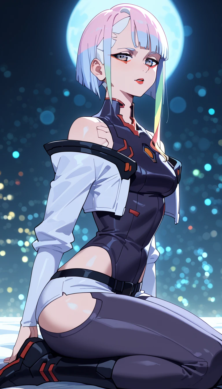 ((masterpiece)), (best quality), (ultra-detailed), best artist, realistic, 4k wallpaper, detailed face, 1girl, (sexy), erotic, cyborg, ((lu1, multicolored hair)), (thong:1.1), (white jacket, open jacket, bare shoulders, black leotard, highleg leotard, belt, shorts:1.4), ((latex clothing)), (makeup, parted lips, seductive smiling), large breasts, thick thighs, (mature adult:1.5), skindentation, standing, cowboy shot, looking at viewer, indoors, oiled skin:0.4, (shiny skin), ((correct composition)), <lora:lucy_(cyberpunk)_v10:0.8>