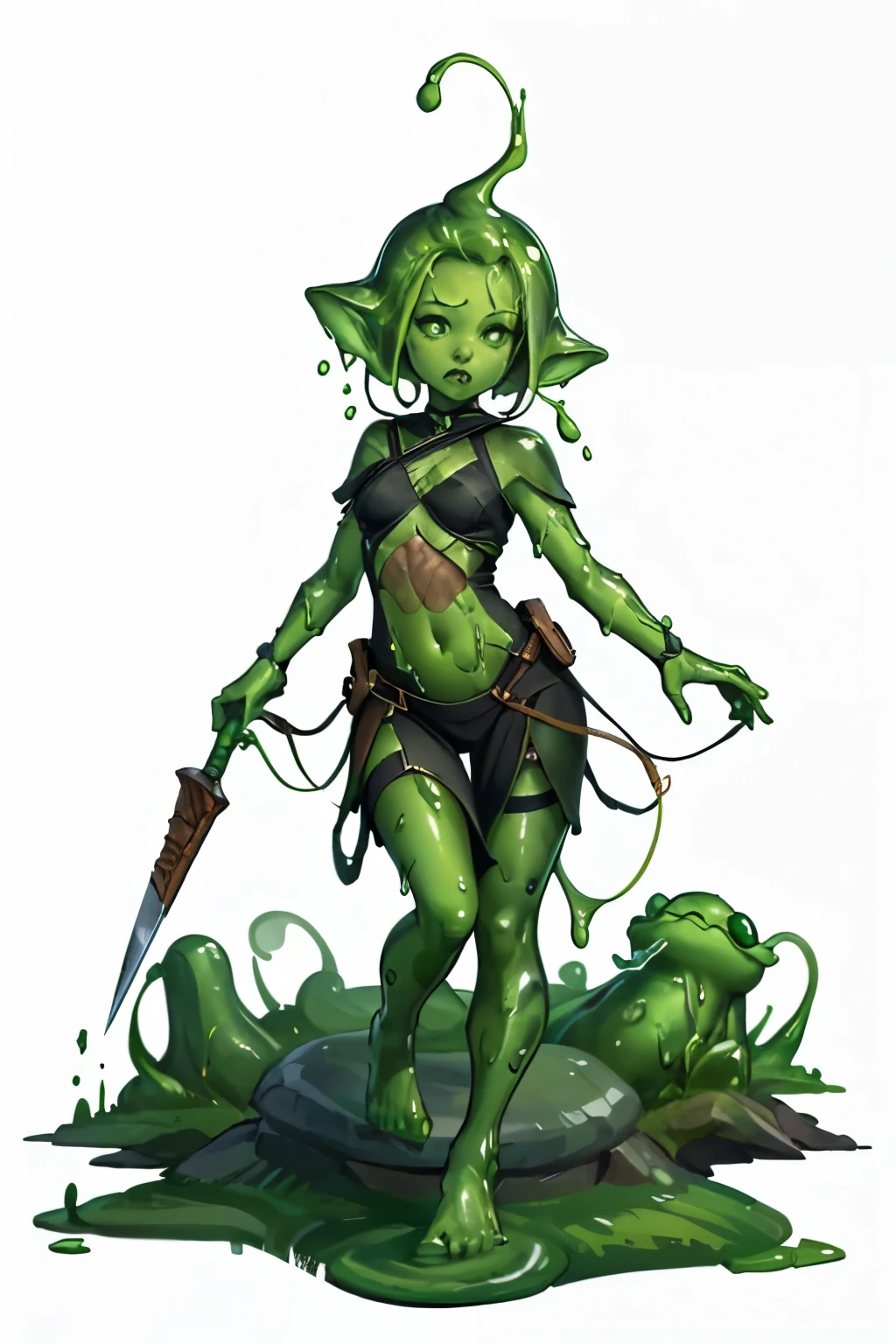 (masterpiece, best quality:1.2, perfect hands, parfect fingers, parfect face, high resolution, high detail, 4k,) 1 girl, (tiny, little, junior, , teen student, little age, young, young age, green age,) (((translucent body, slime body, slime wet body))), slime cloth, blonde hair, forehead, messy hair, piercing ear, slime cloth, flat chest, ((dark skin)), (((skinny, ribs, skinny stomach, slim waist,))) wasp waist, half open eyes, ((black eyeshadow, black shadow under eye)), flaccid penis, grab penis, gigantic penis,