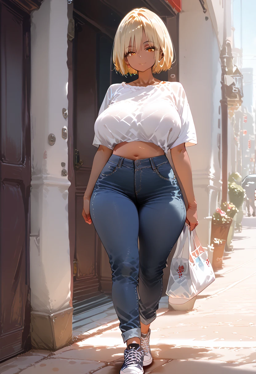 ((best quality))) , (particular) , 8k , milf ,  sexy , cute nose , huge  ,  prominent curves  , wide hips in the country , Good body , realistic , standing , , Seductive , thick , good-looking woman , A woman with a clear body , blonde hair, Of a short cut, sensual body, Tanned skin with very big breasts, Amber-colored eyes, with natural and attractive eyes. walking around the city by herself wearing boxy tees and skinny jeans in plain canvas shoes