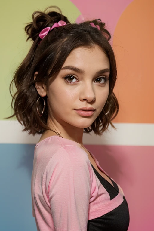 eliberk90s, 1 girl, uhd, best quality, masterpiece, 5 fingers, closeup, photorealistic, turtleneck, raw image, saved by the bell, school lockers, 1990s \(style\), denim jacket, multi-coloured parachute pants , smile, looking at viewer, skin pores, pink lockers,